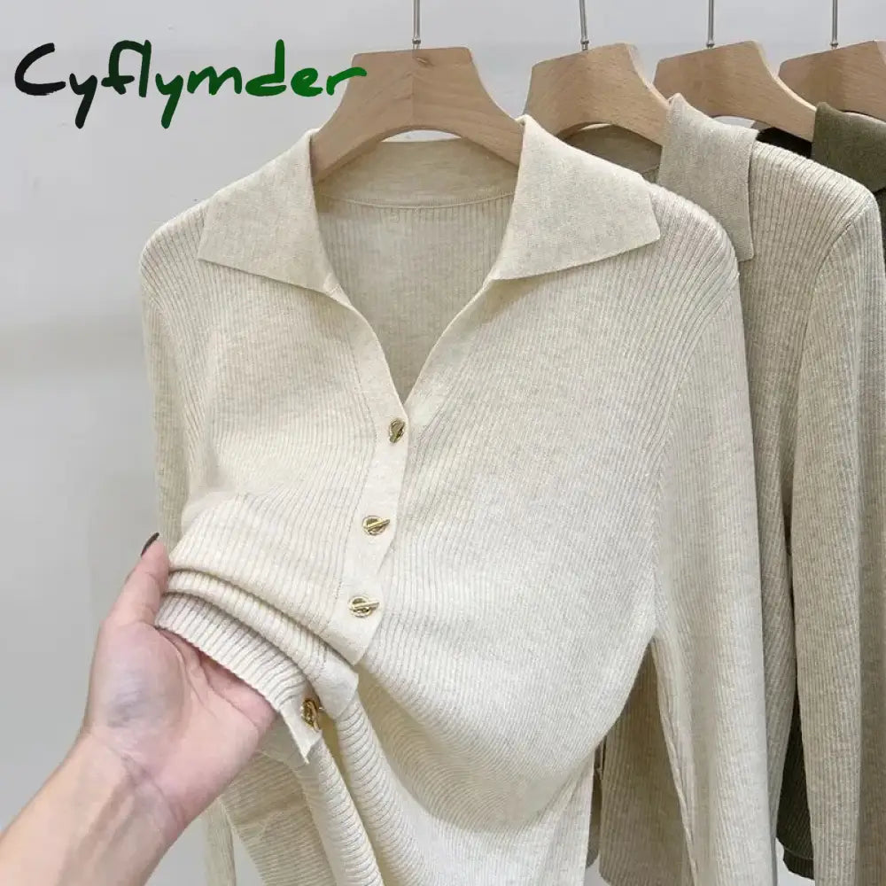 Cyflymder Elegant V Neck Knitted Cardigan Women Solid Color Single Breasted Sweaters Tops Korean