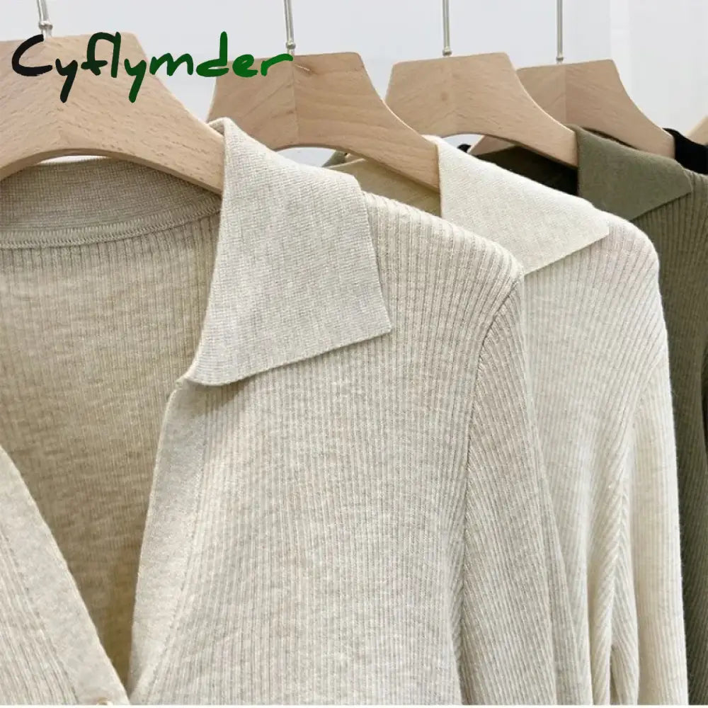 Cyflymder Elegant V Neck Knitted Cardigan Women Solid Color Single Breasted Sweaters Tops Korean