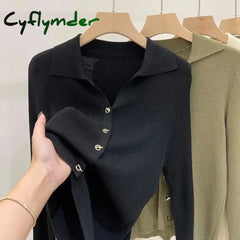 Cyflymder Elegant V Neck Knitted Cardigan Women Solid Color Single Breasted Sweaters Tops Korean