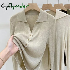 Cyflymder Elegant V Neck Knitted Cardigan Women Solid Color Single Breasted Sweaters Tops Korean