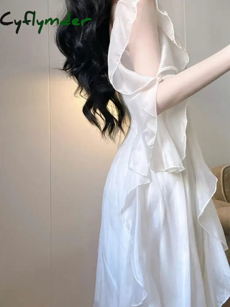 Cyflymder Elegant White Dress Women Fairy Dresses Summer Chiffon Vintage Female Sundress Ruffles