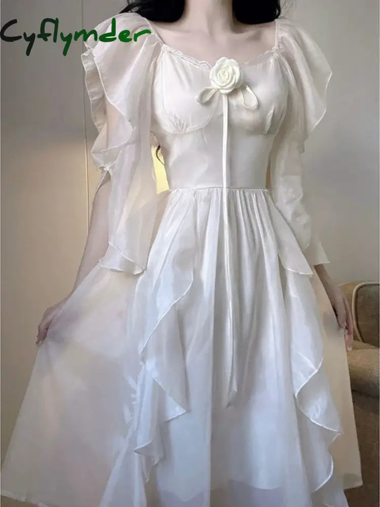 Cyflymder Elegant White Dress Women Fairy Dresses Summer Chiffon Vintage Female Sundress Ruffles