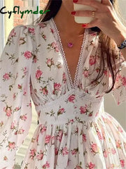 Cyflymder Elegant Women Floral Print Short Mini Dress Long Lantern Sleeve Deep V Neck High Waist