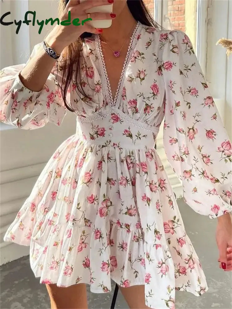 Cyflymder Elegant Women Floral Print Short Mini Dress Long Lantern Sleeve Deep V Neck High Waist