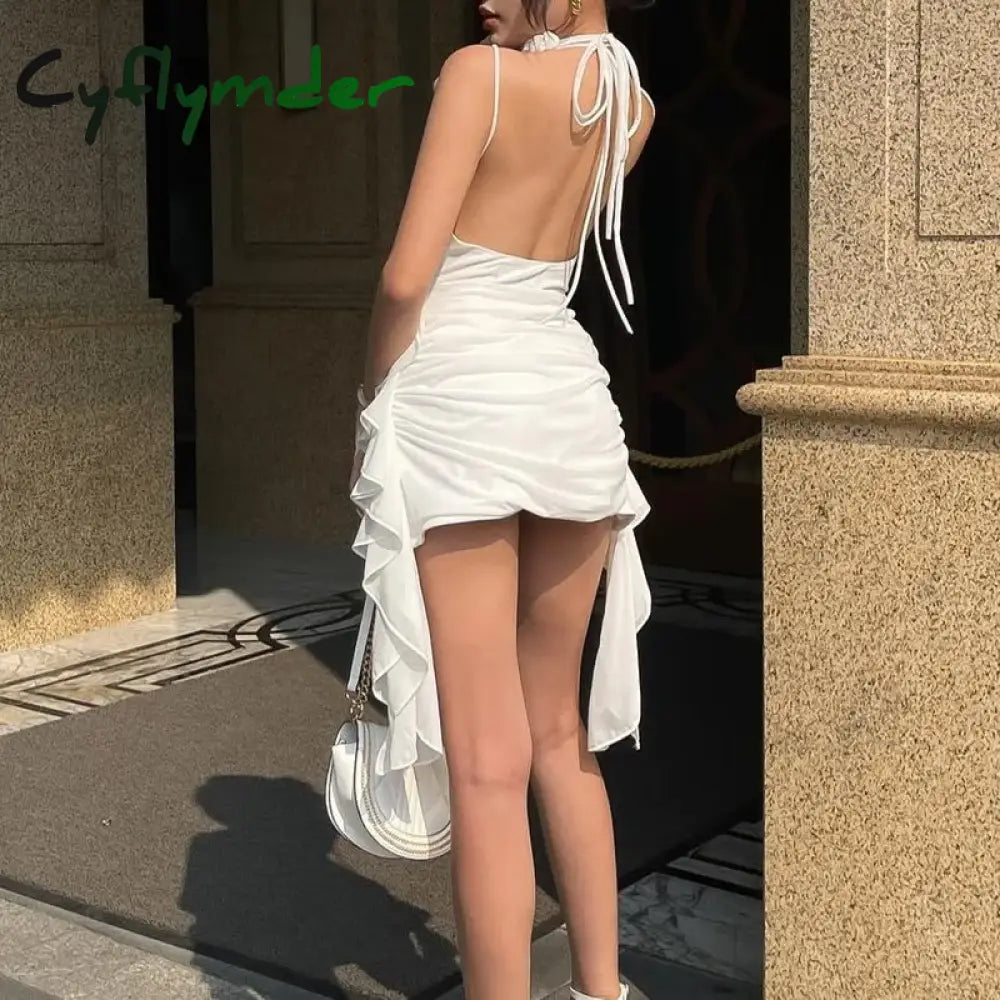 Cyflymder Elegant Women Ruffles Backless Mini Dress Y2K Fashion Sleeveless Halter Summer Dresses Sexy Low-cut Tight