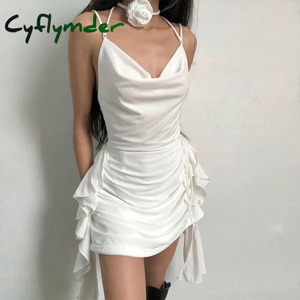 Cyflymder Elegant Women Ruffles Backless Mini Dress Y2K Fashion Sleeveless Halter Summer Dresses Sexy Low-cut Tight