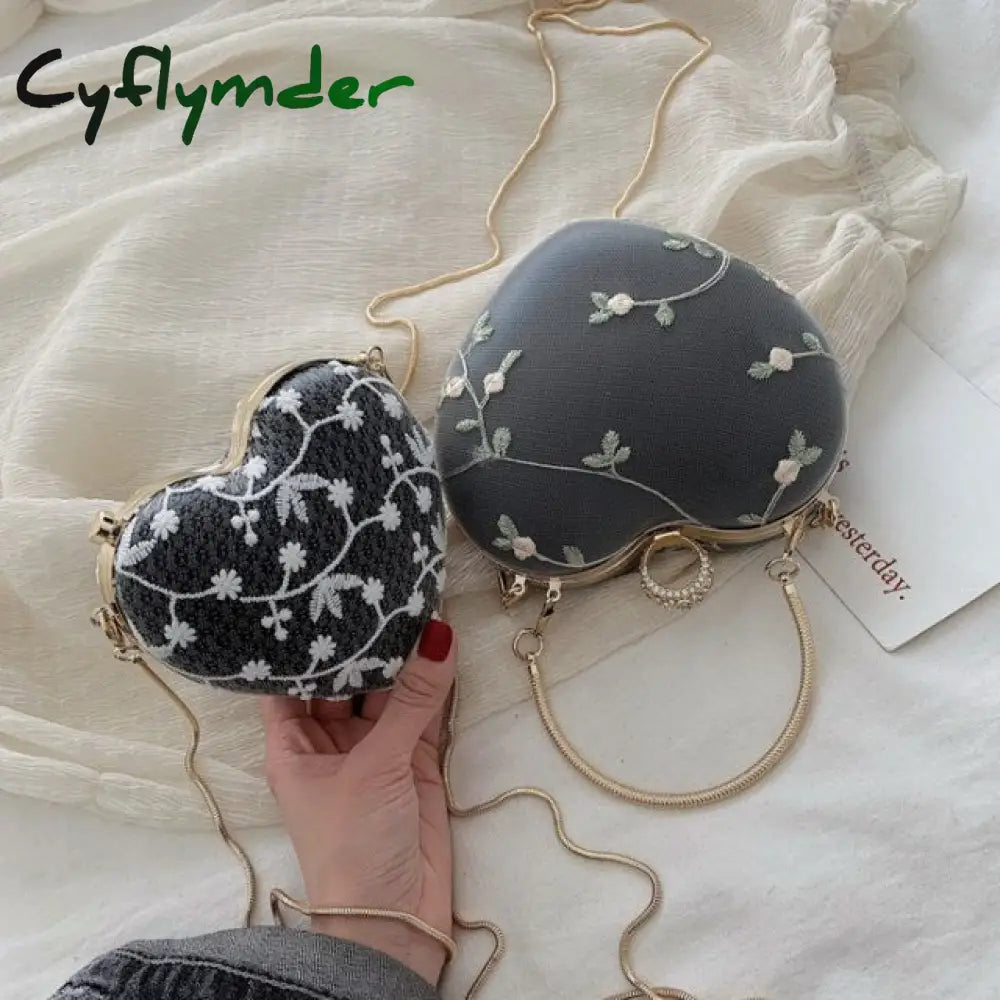 Cyflymder Embroidery Flowers Design Women Heart Clutch Christmas Party Evening Bags Gold Chain