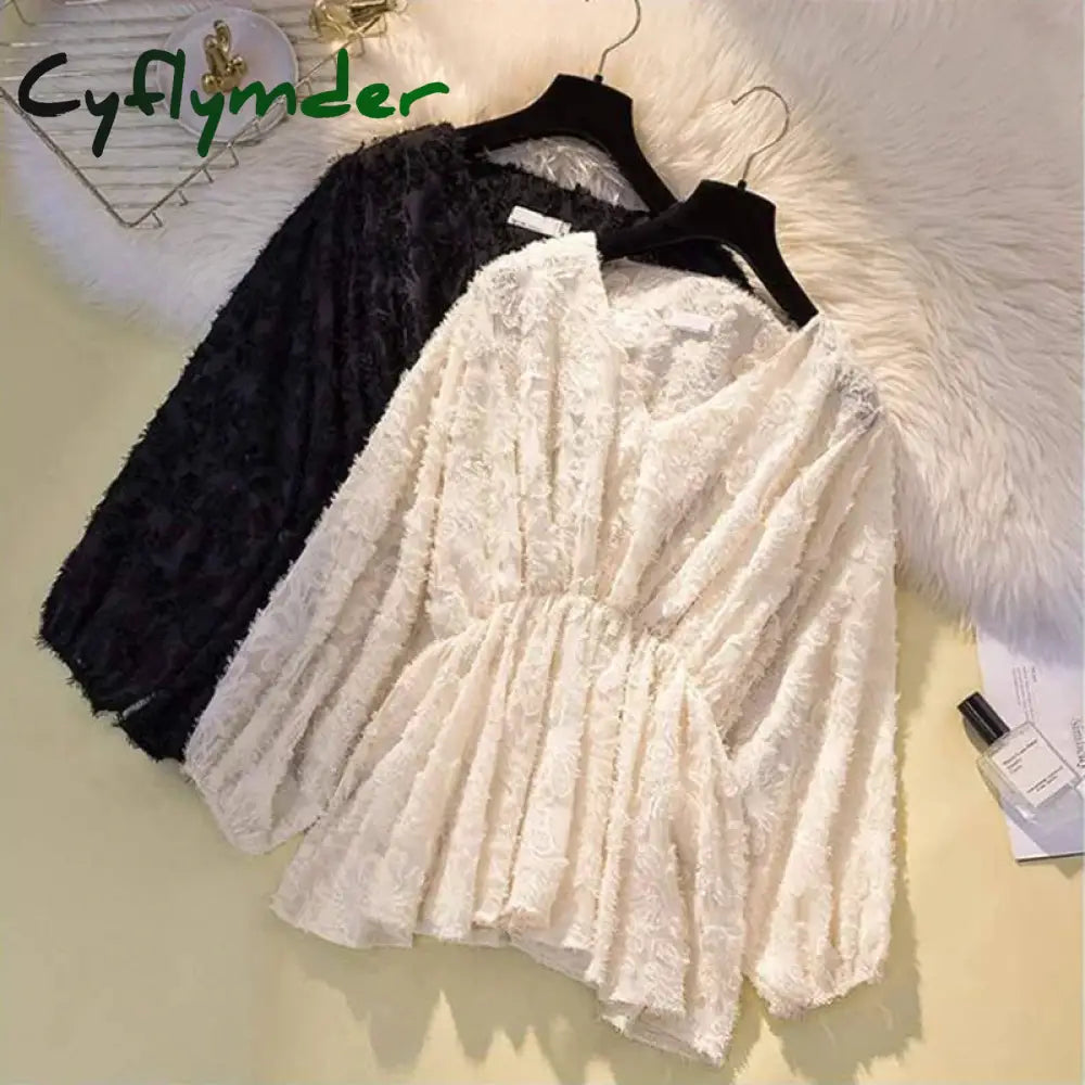 Cyflymder European And American Pressed Pleated Loose All-Match Trumpet Sleeve Chiffon Shirt And