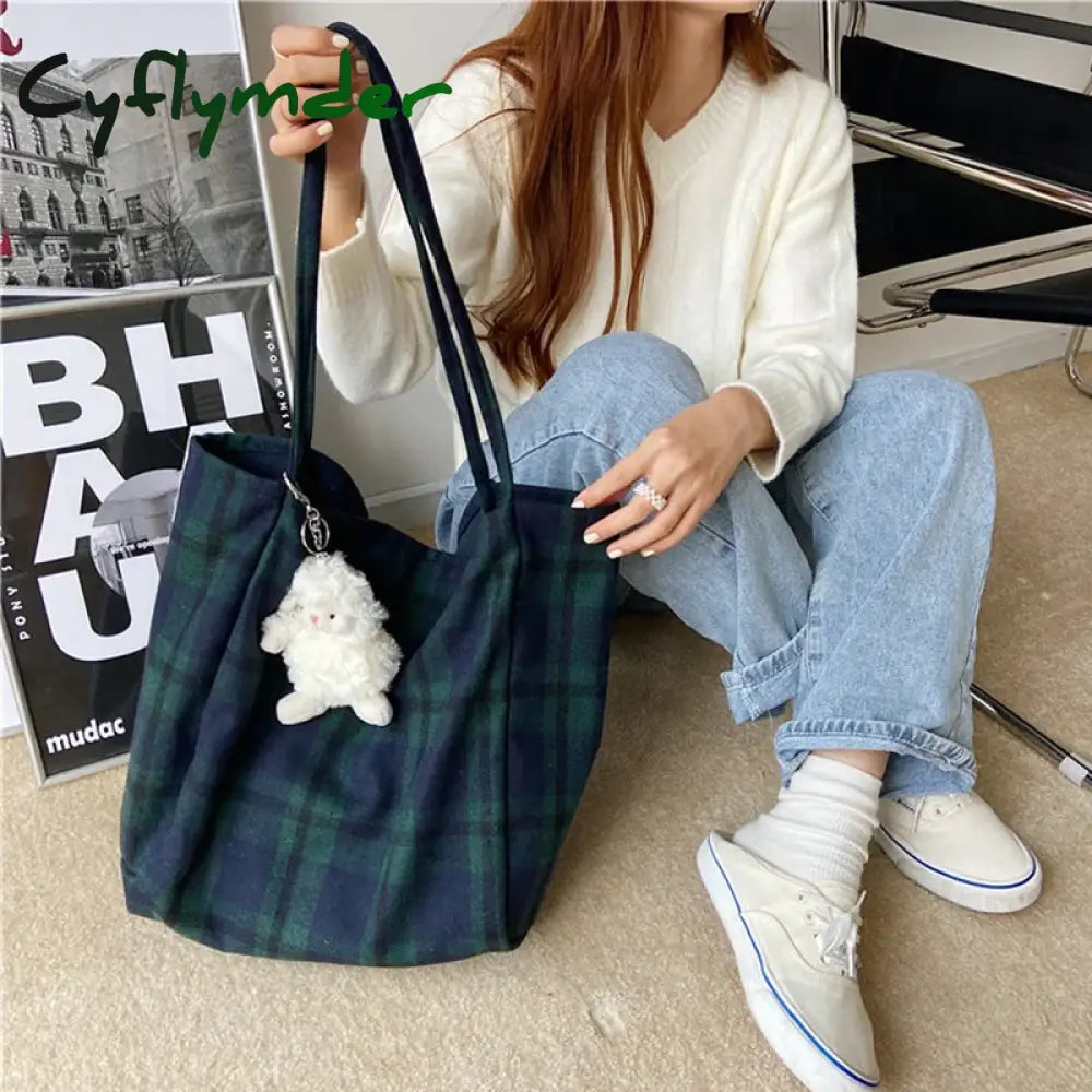 Cyflymder Extra Large Women Woolen Canvas Bags Checked Pattern Design Handbag Soft Warm Cloth