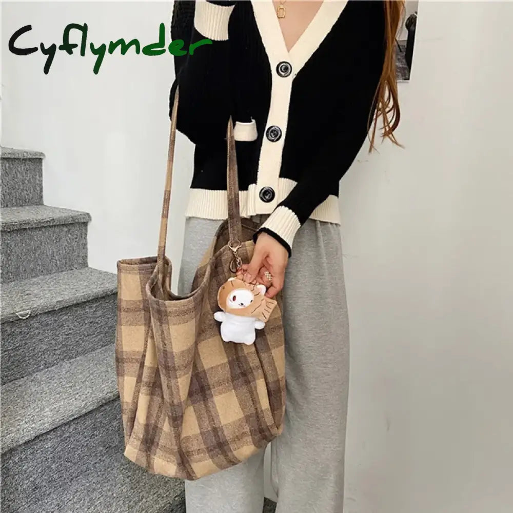 Cyflymder Extra Large Women Woolen Canvas Bags Checked Pattern Design Handbag Soft Warm Cloth