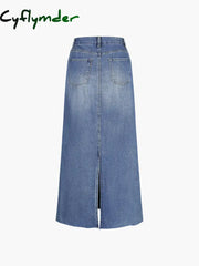 Cyflymder- Faded Denim Buttoned Maxi Skirt Skirts