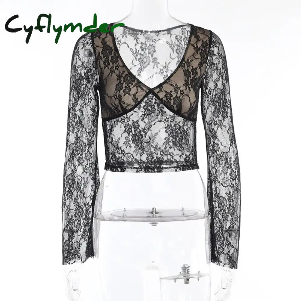 Cyflymder Fairy Cottage Floral Lace Crop Tops Women Korean Long Sleeve Slim Fit Tees Y2K Vintage V
