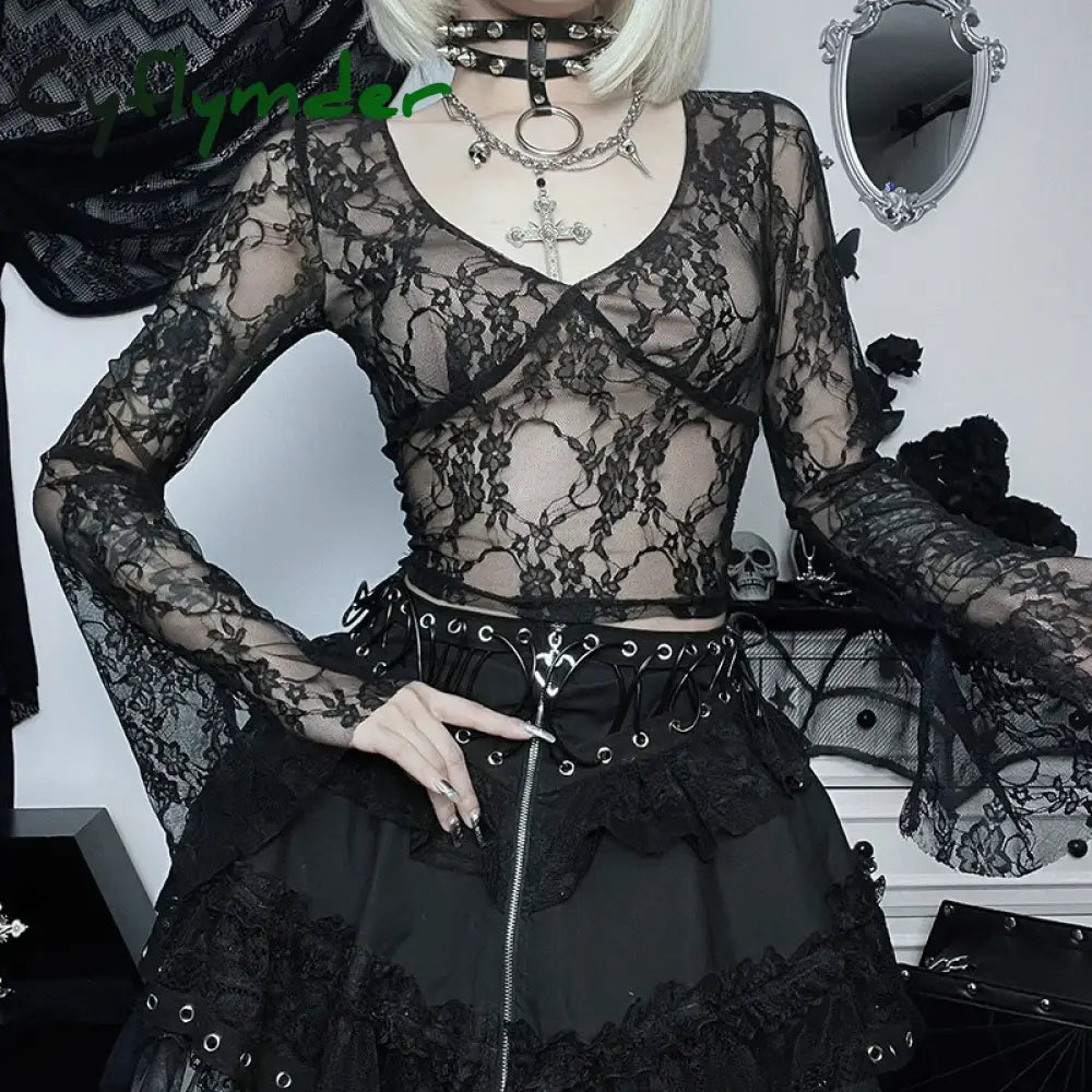 Cyflymder Fairy Cottage Floral Lace Crop Tops Women Korean Long Sleeve Slim Fit Tees Y2K Vintage V