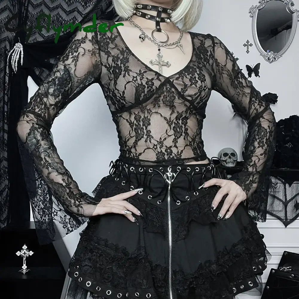 Cyflymder Fairy Cottage Floral Lace Crop Tops Women Korean Long Sleeve Slim Fit Tees Y2K Vintage V