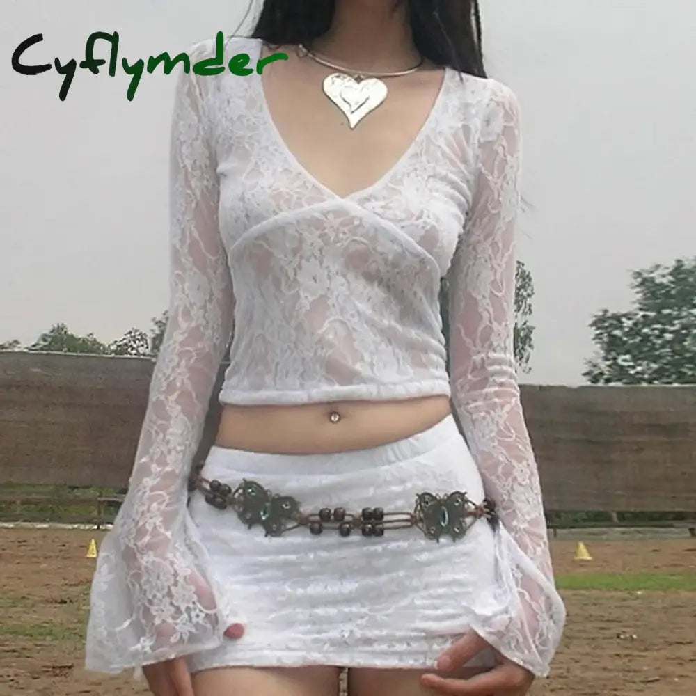 Fairy Cottage Floral Lace Crop Tops Women Korean Long Sleeve Slim Fit Tees Y2K Vintage V Neck See Through Sheer Mesh T Shirt