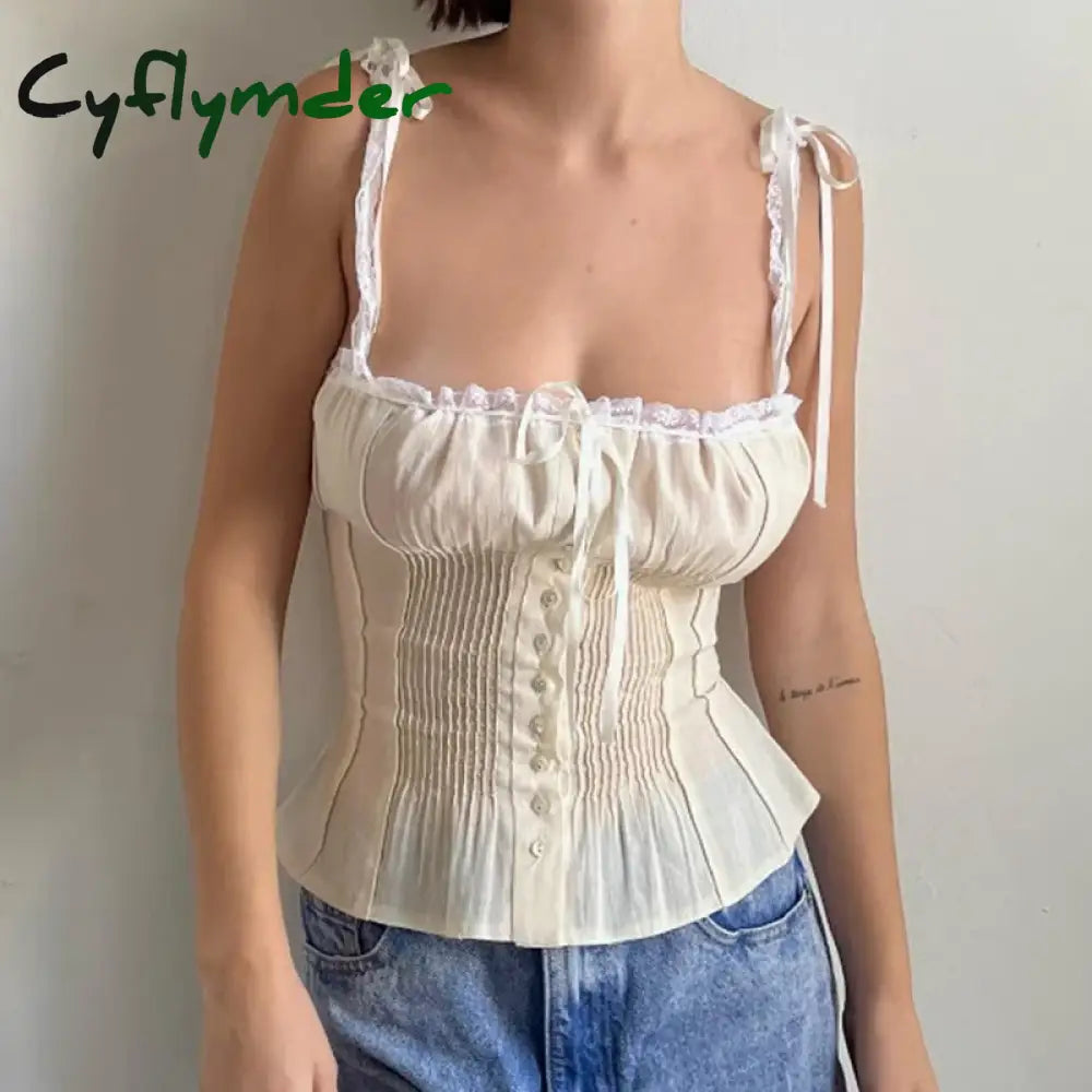 Cyflymder Fairy Cottage Y2K Crop Tops Kawaii Ribbons Bowknot Lace Trim Camisole Low Cut Button Up