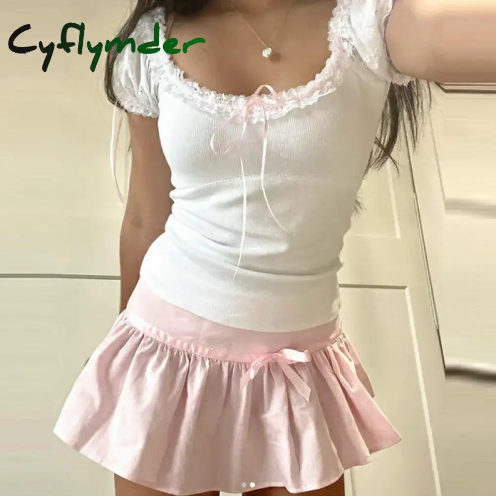 Cyflymder Fairycore Coquette 2 Piece Set Kawaii Lace Trim Short Sleeve T-Shirt Crop Tops + Pleated