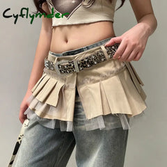 Cyflymder Fairycore Grunge A-line Cargo Skirt Khaki Low-waisted Mesh Patchwork Pleated Super-short Skirts Layering