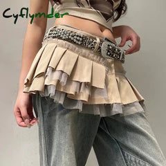 Cyflymder Fairycore Grunge A-line Cargo Skirt Khaki Low-waisted Mesh Patchwork Pleated Super-short Skirts Layering