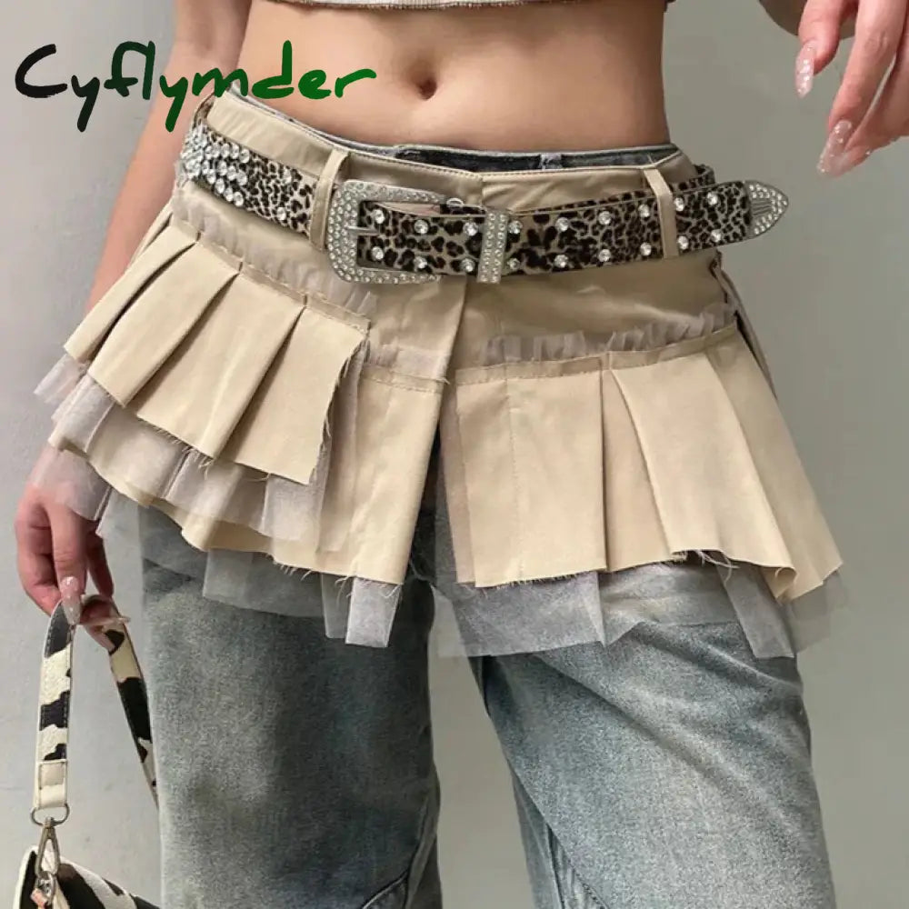 Cyflymder Fairycore Grunge A-line Cargo Skirt Khaki Low-waisted Mesh Patchwork Pleated Super-short Skirts Layering