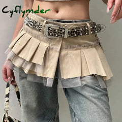 Cyflymder Fairycore Grunge A-line Cargo Skirt Khaki Low-waisted Mesh Patchwork Pleated Super-short Skirts Layering