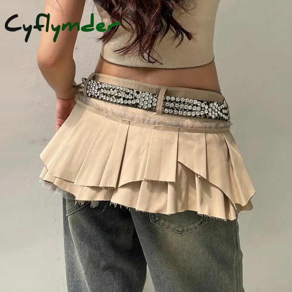 Cyflymder Fairycore Grunge A-line Cargo Skirt Khaki Low-waisted Mesh Patchwork Pleated Super-short Skirts Layering