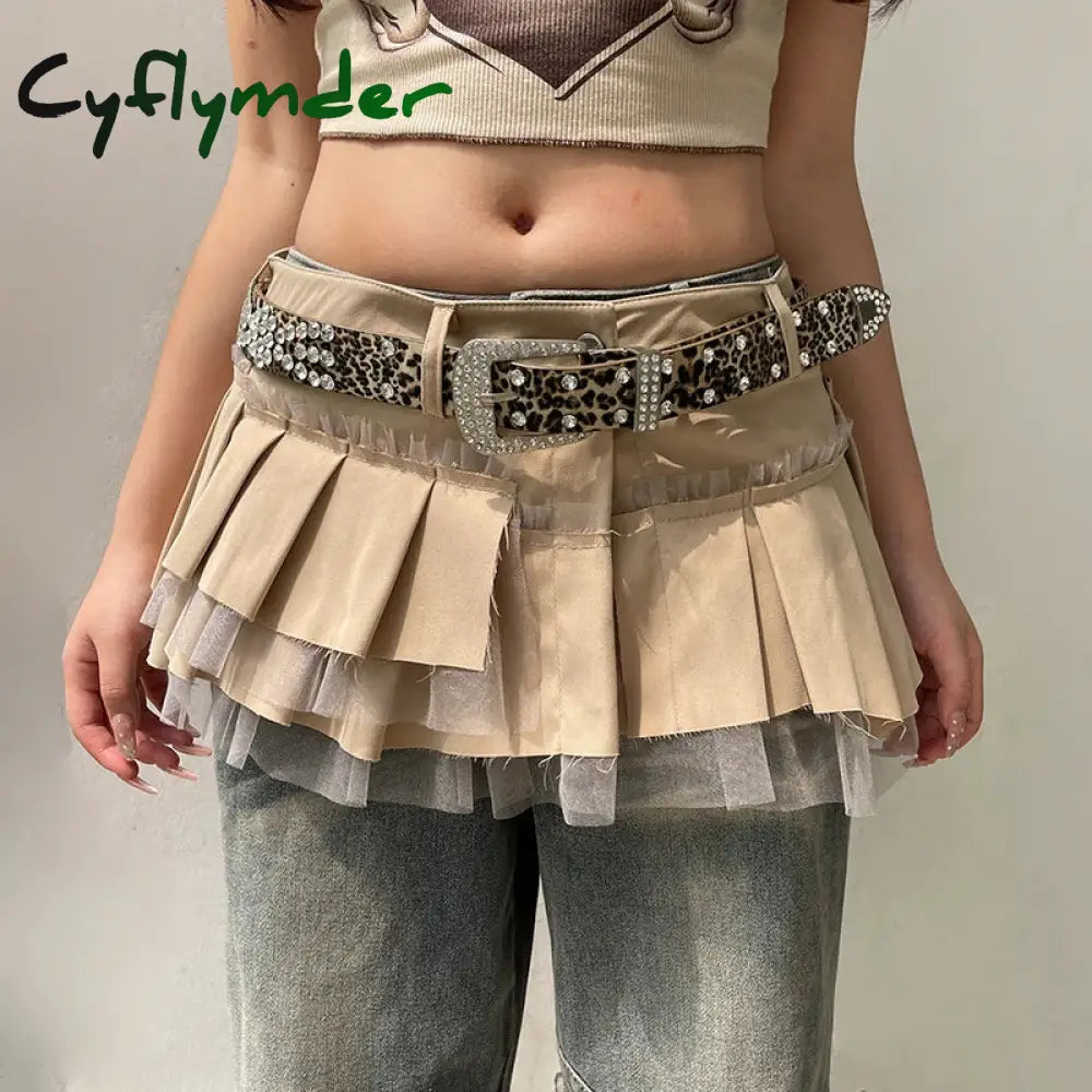 Cyflymder Fairycore Grunge A-line Cargo Skirt Khaki Low-waisted Mesh Patchwork Pleated Super-short Skirts Layering