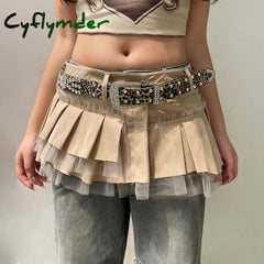 Cyflymder Fairycore Grunge A-line Cargo Skirt Khaki Low-waisted Mesh Patchwork Pleated Super-short Skirts Layering