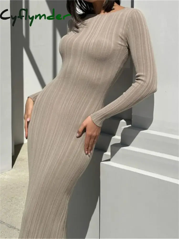 Cyflymder Fall Casual Knit Ribbed Bodycon Long Dress Simple Style Solid Color Sleeve O Neck Wrapped