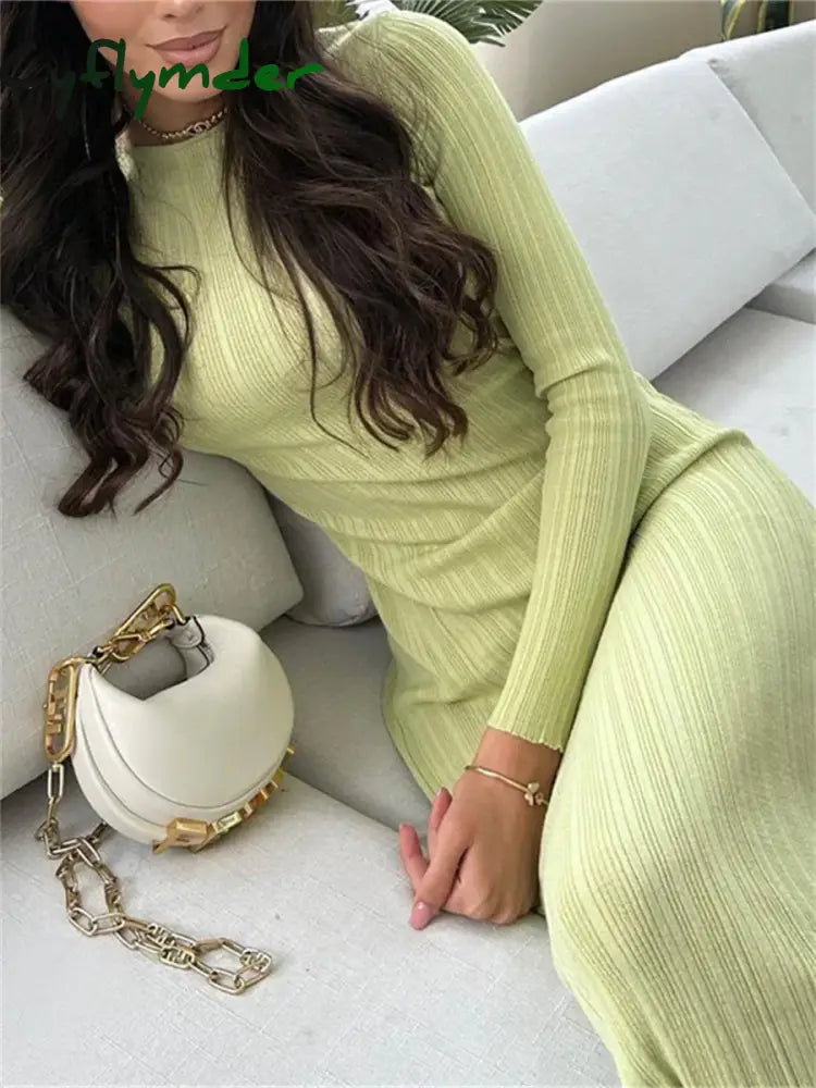 Cyflymder Fall Casual Knit Ribbed Bodycon Long Dress Simple Style Solid Color Sleeve O Neck Wrapped