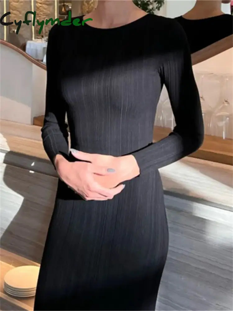 Cyflymder Fall Casual Knit Ribbed Bodycon Long Dress Simple Style Solid Color Sleeve O Neck Wrapped