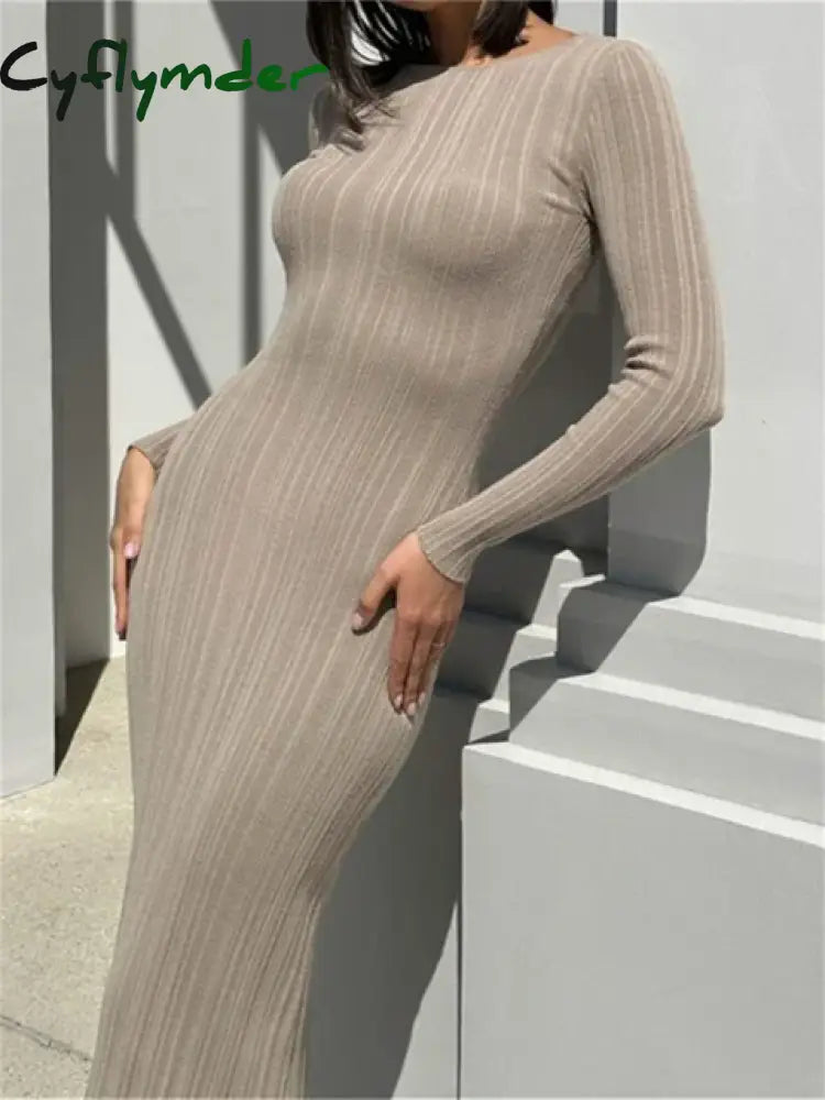 Cyflymder Fall Casual Knit Ribbed Bodycon Long Dress Simple Style Solid Color Sleeve O Neck Wrapped