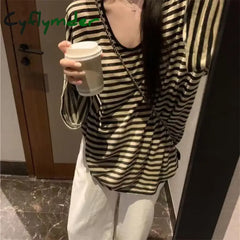 Cyflymder Fall Outfit Harajuku Y2K Top Black Apricot Striped T-Shirt 2024 Autumn Baggy Casual