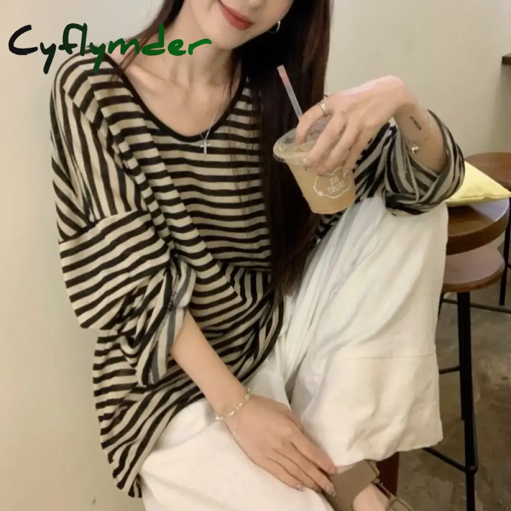 Cyflymder Fall Outfit Harajuku Y2K Top Black Apricot Striped T-Shirt 2024 Autumn Baggy Casual