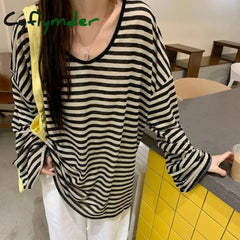 Harajuku Y2k Top Black Apricot Striped T-Shirt 2024 Autumn Baggy Casual Long-Sleeved Top Woman Clothes Grunge Korean Fashion