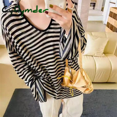 Cyflymder Fall Outfit Harajuku Y2K Top Black Apricot Striped T-Shirt 2024 Autumn Baggy Casual