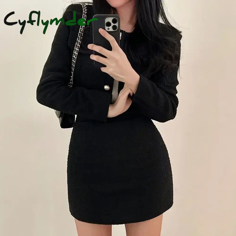 Cyflymder FALL OUTFITS Women Outfits Tweed 2 Two Piece Sets Long Sleeve Pearl Buttons Short Jacket and A-line Mini