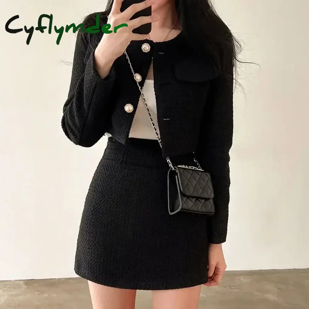 Cyflymder FALL OUTFITS Women Outfits Tweed 2 Two Piece Sets Long Sleeve Pearl Buttons Short Jacket and A-line Mini