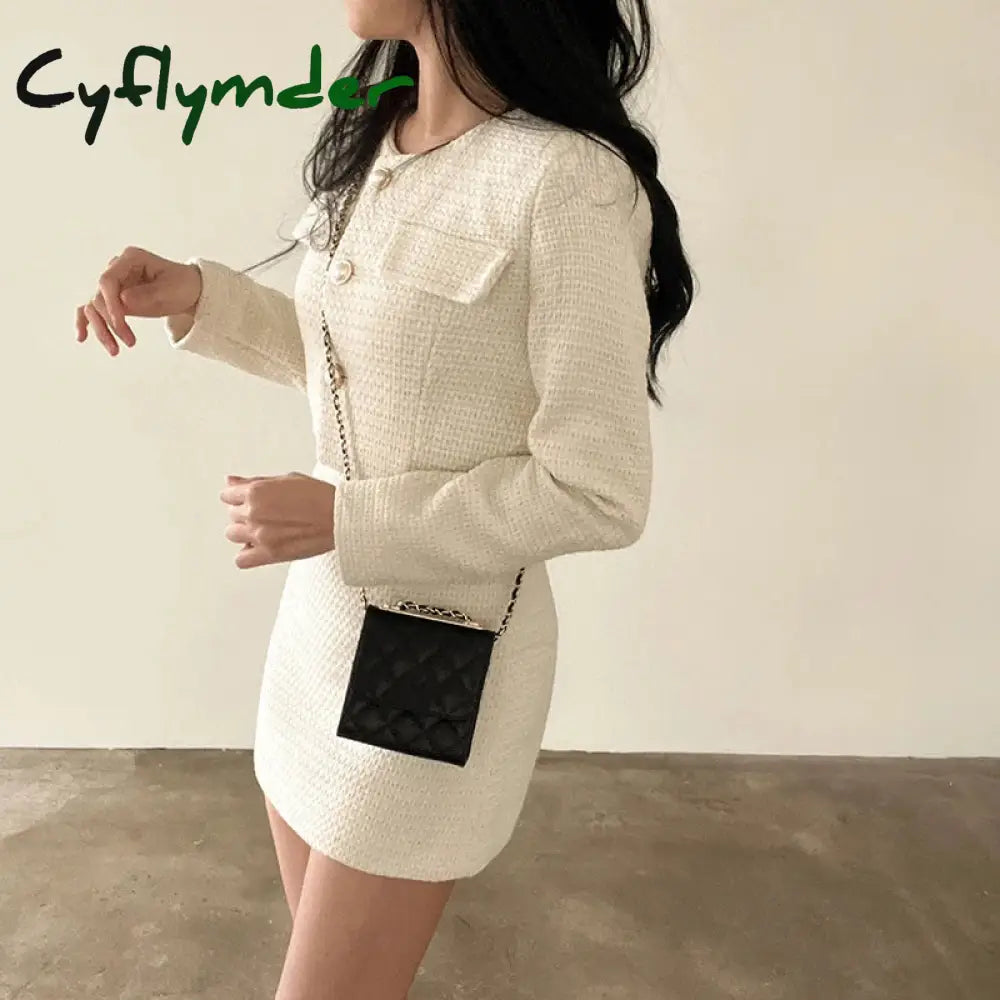 Cyflymder FALL OUTFITS Women Outfits Tweed 2 Two Piece Sets Long Sleeve Pearl Buttons Short Jacket and A-line Mini