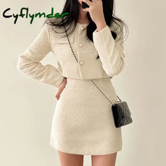Cyflymder FALL OUTFITS Women Tweed 2 Two Piece Sets Long Sleeve Pearl Buttons Short Jacket and A-line Mini Skirt Set