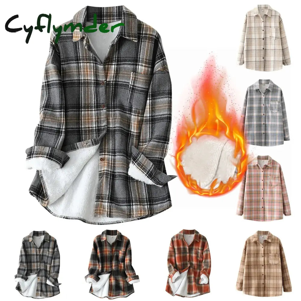 Fall Winter Womens Fleece Lined Jackets Flannel Plaid Shirts Button Down Warm Shackets Long Sleeve Coats with Pockets