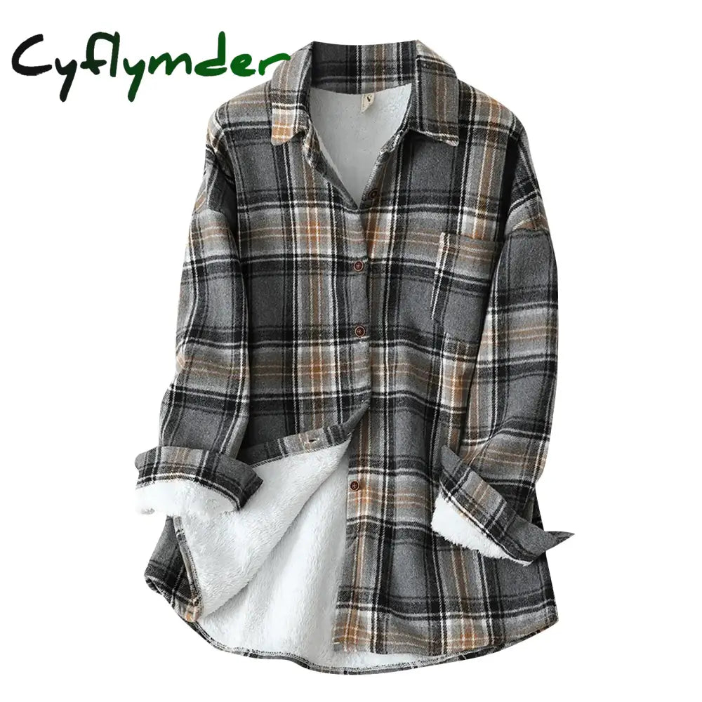 Cyflymder Fall Winter Womens Fleece Lined Jackets Flannel Plaid Shirts Button Down Warm Shackets