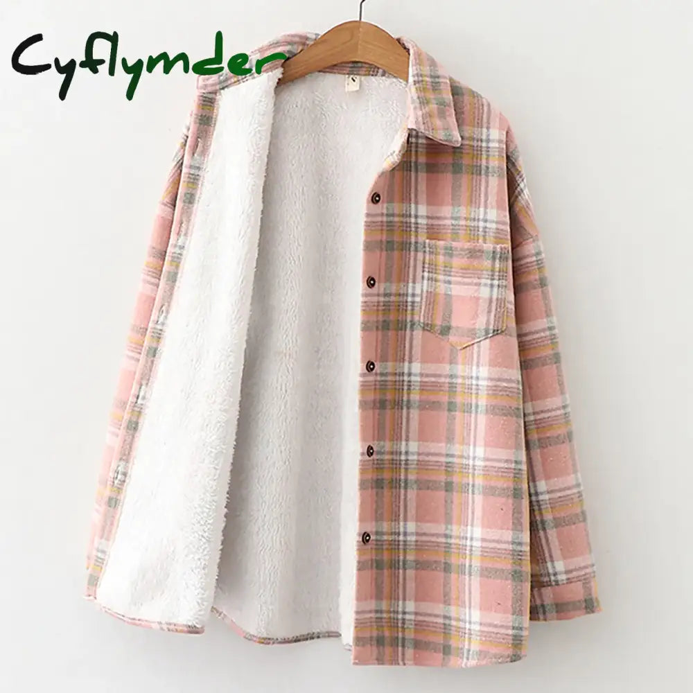 Cyflymder Fall Winter Womens Fleece Lined Jackets Flannel Plaid Shirts Button Down Warm Shackets