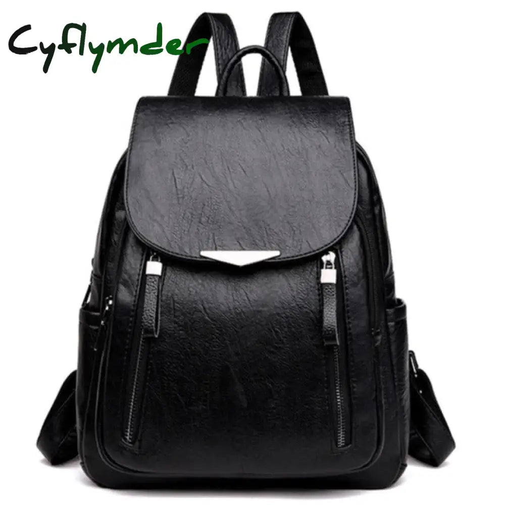 Cyflymder Fashion Black Woman Backpack High Quality Youth Pu Leather Backpacks For Teenage Girls