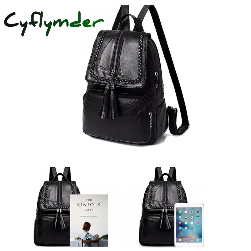 Cyflymder Fashion Black Woman Backpack High Quality Youth Pu Leather Backpacks For Teenage Girls