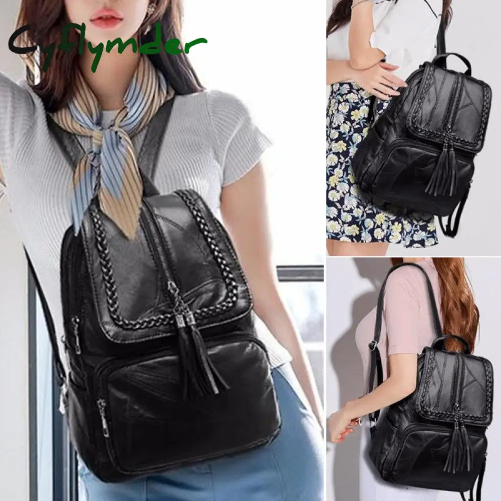 Cyflymder Fashion Black Woman Backpack High Quality Youth Pu Leather Backpacks For Teenage Girls