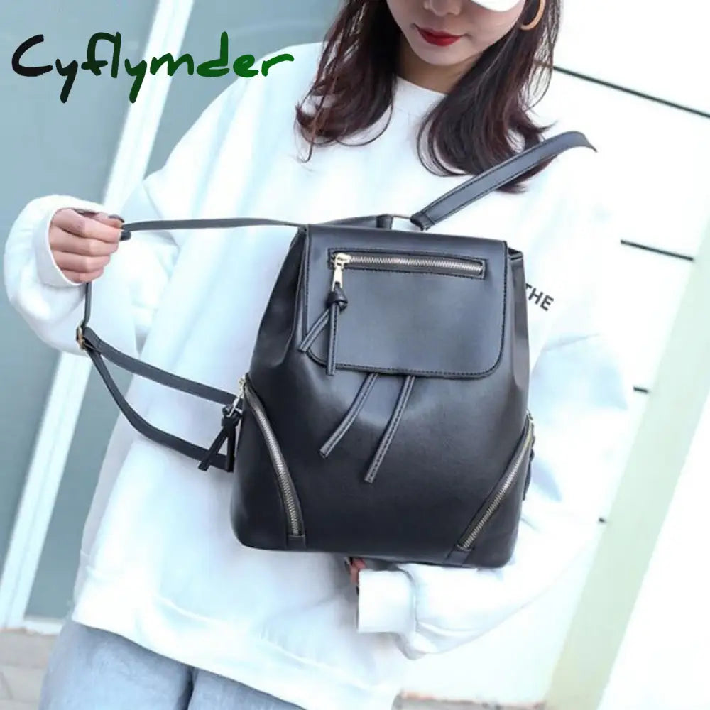 Cyflymder Fashion Black Woman Backpack High Quality Youth Pu Leather Backpacks For Teenage Girls