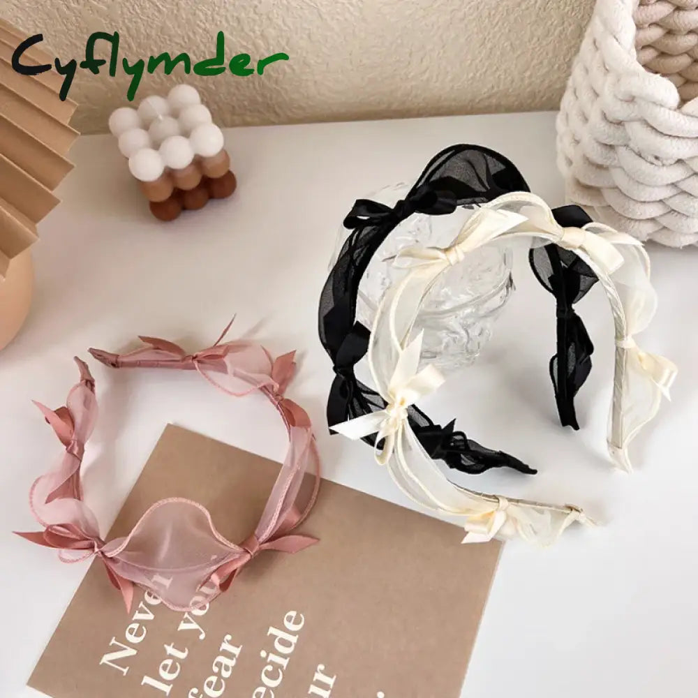 Cyflymder Fashion Bow Knot Headband Princess Temperament Simple Headdress Lace Mesh Hairband For