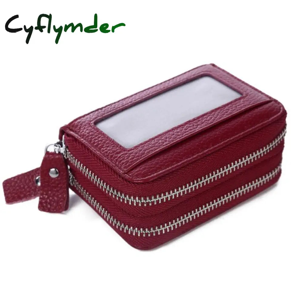 Cyflymder Fashion Brand Genuine Leather Women Card Holder Double Zipper Large Capacity Female Id