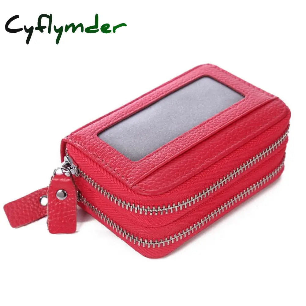 Cyflymder Fashion Brand Genuine Leather Women Card Holder Double Zipper Large Capacity Female Id